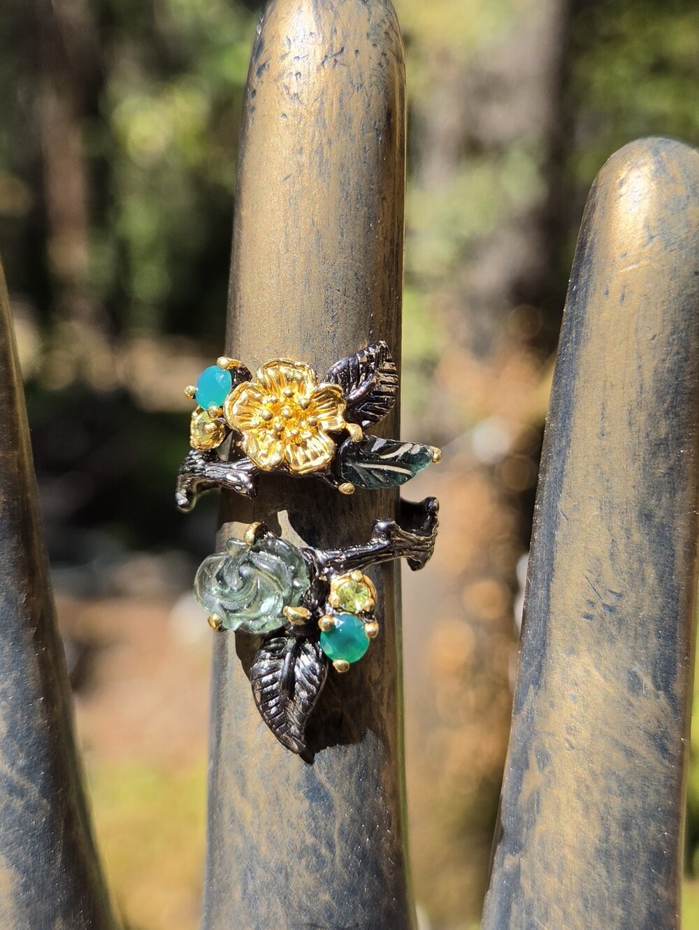 Tourmaline Peridot&Green Onyx Sterling Rhodium&Gold Floral Finger Cuff 6.25 - Picture 3 of 10